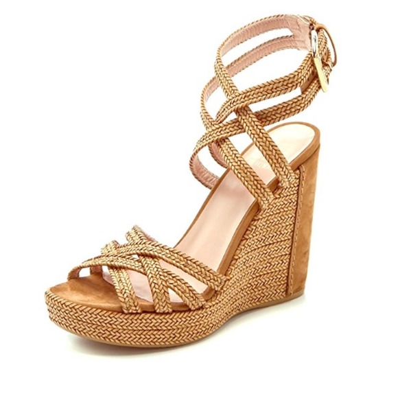 Stuart Weitzman Reins Wedge Sandal Size 9 Tan Camel Strappy Heel Straw Weave - Picture 16 of 16